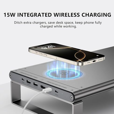 حامل شاشة مع قاعدة تركيب، حامل شاشة من الألومنيوم مع قاعدة تركيب 6 في 1: 4K HDMI، USB-C، USB 3.0، PD 100W، شحن لاسلكي، حامل مكتب معدني مع مساحة تخزين - رمادي فضي in Kuwait