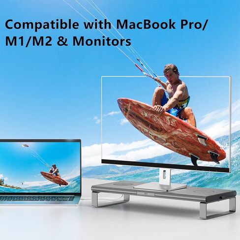 حامل شاشة مع قاعدة تركيب، حامل شاشة من الألومنيوم مع قاعدة تركيب 6 في 1: 4K HDMI، USB-C، USB 3.0، PD 100W، شحن لاسلكي، حامل مكتب معدني مع مساحة تخزين - رمادي فضي in Kuwait