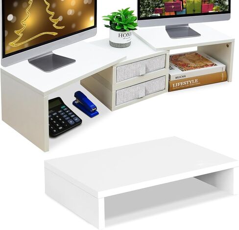 TEAMIX 1 Pack and 2 Drawers White Monitor Stand Riser for 2 Monitors/Laptop/PC, Wood Screen/TV Stand Desk Organizer in Saudi Arabia