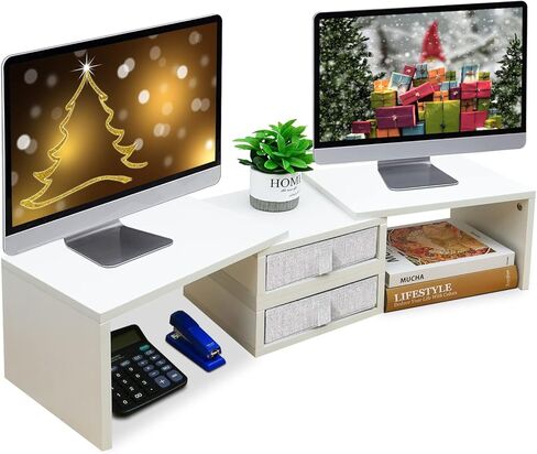 TEAMIX 1 Pack and 2 Drawers White Monitor Stand Riser for 2 Monitors/Laptop/PC, Wood Screen/TV Stand Desk Organizer in Saudi Arabia