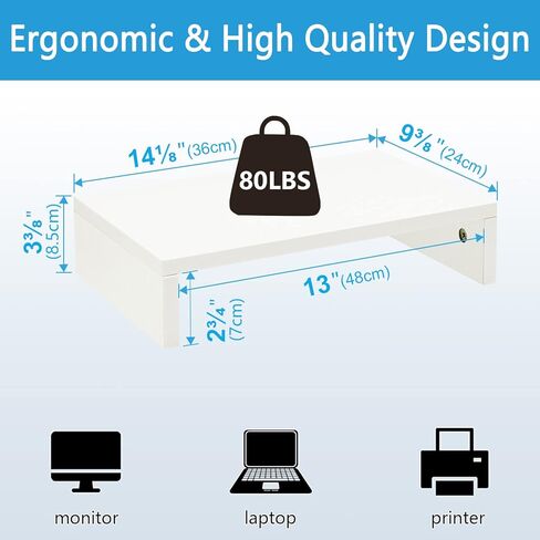 TEAMIX 1 Pack and 2 Drawers White Monitor Stand Riser for 2 Monitors/Laptop/PC, Wood Screen/TV Stand Desk Organizer in Saudi Arabia
