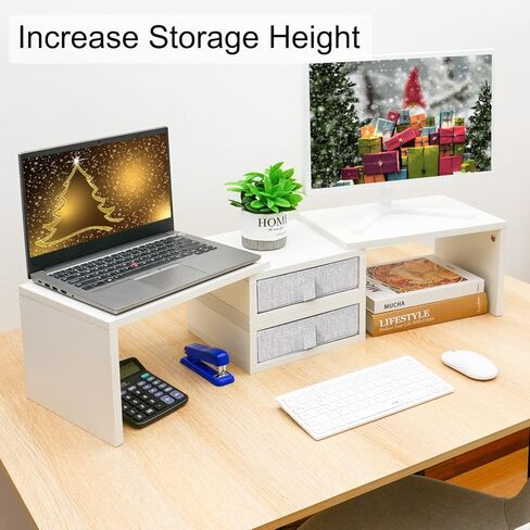 TEAMIX 1 Pack and 2 Drawers White Monitor Stand Riser for 2 Monitors/Laptop/PC, Wood Screen/TV Stand Desk Organizer in Saudi Arabia