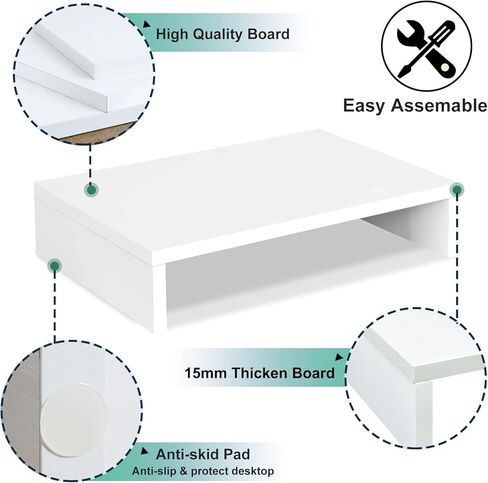 TEAMIX 1 Pack and 2 Drawers White Monitor Stand Riser for 2 Monitors/Laptop/PC, Wood Screen/TV Stand Desk Organizer in Saudi Arabia