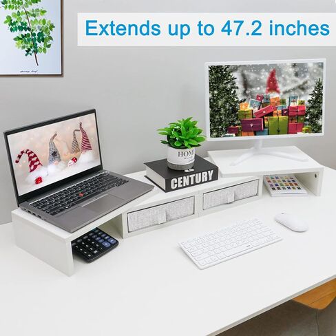 TEAMIX 1 Pack and 2 Drawers White Monitor Stand Riser for 2 Monitors/Laptop/PC, Wood Screen/TV Stand Desk Organizer in Saudi Arabia