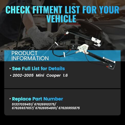 748-601 منظم نوافذ الطاقة الأمامي الأيسر للسائق مع محرك متوافق مع ميني كوبر 2002-2005، استبدال # 51337039451,67626910375,67626937657,67626954891,67626955875 in Kuwait