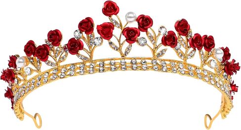 Toyvian Red Rose Rhinestone Crown: Bridal Tiara Wedding Headdress with Pearls and Alloy Rose - Halloween Queen Crystal Headbands - Beauty Beast Crown Jewelry for Women in Saudi Arabia