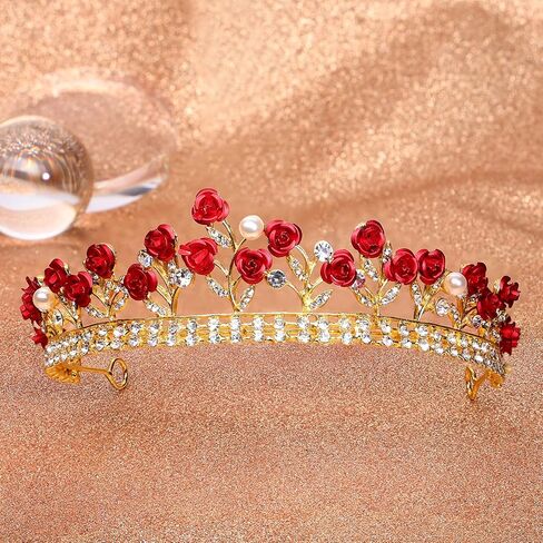 Toyvian Red Rose Rhinestone Crown: Bridal Tiara Wedding Headdress with Pearls and Alloy Rose - Halloween Queen Crystal Headbands - Beauty Beast Crown Jewelry for Women in Saudi Arabia