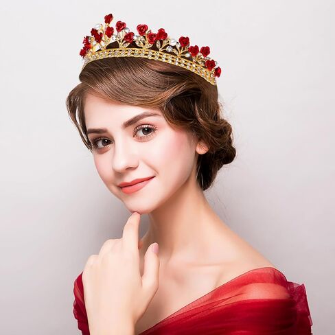 Toyvian Red Rose Rhinestone Crown: Bridal Tiara Wedding Headdress with Pearls and Alloy Rose - Halloween Queen Crystal Headbands - Beauty Beast Crown Jewelry for Women in Saudi Arabia