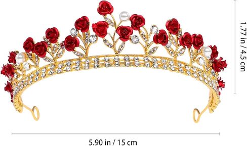 Toyvian Red Rose Rhinestone Crown: Bridal Tiara Wedding Headdress with Pearls and Alloy Rose - Halloween Queen Crystal Headbands - Beauty Beast Crown Jewelry for Women in Saudi Arabia