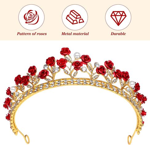 Toyvian Red Rose Rhinestone Crown: Bridal Tiara Wedding Headdress with Pearls and Alloy Rose - Halloween Queen Crystal Headbands - Beauty Beast Crown Jewelry for Women in Saudi Arabia