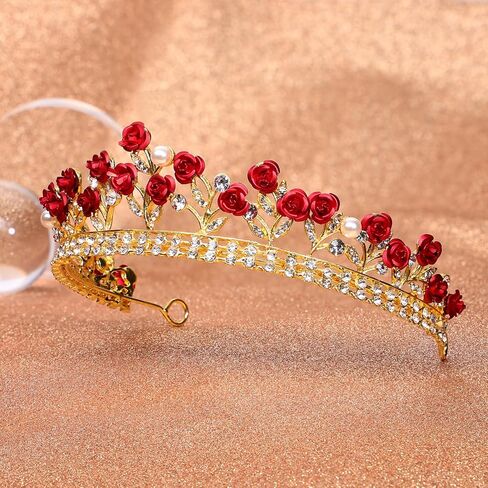 Toyvian Red Rose Rhinestone Crown: Bridal Tiara Wedding Headdress with Pearls and Alloy Rose - Halloween Queen Crystal Headbands - Beauty Beast Crown Jewelry for Women in Saudi Arabia