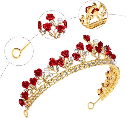 Toyvian Red Rose Rhinestone Crown: Bridal Tiara Wedding Headdress with Pearls and Alloy Rose - Halloween Queen Crystal Headbands - Beauty Beast Crown Jewelry for Women in Saudi Arabia