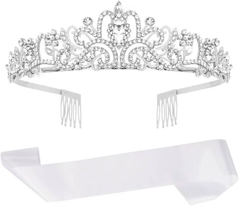 تاج لوناريفو ووشاح فارغ، تاج كريستالي فضي مع وشاح أبيض عادي للنساء والفتيات، مخصص لحفلات الزفاف، وأعياد الميلاد، والحفلات الراقصة، والعروس، والتخرج، ومسابقة الجمال، والأم المستقبلية in Kuwait
