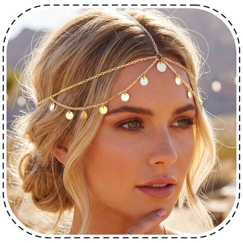 Yokawe Gold Sequins Head Chain Jewelry Bohemian Layered Festival Costume Headpieces Hair Accessories for Women in Kuwait
