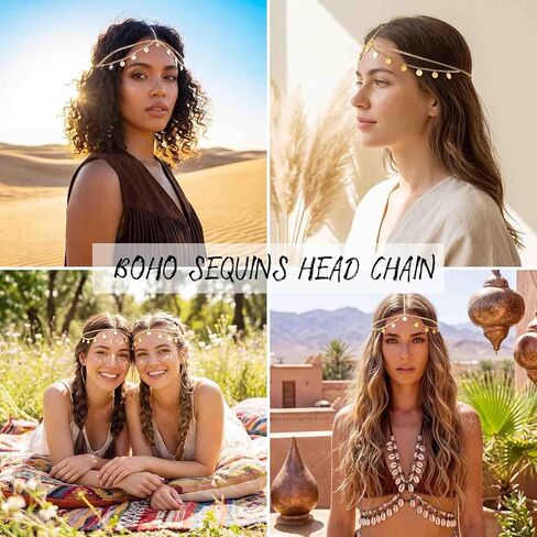 Yokawe Gold Sequins Head Chain Jewelry Bohemian Layered Festival Costume Headpieces Hair Accessories for Women in Kuwait