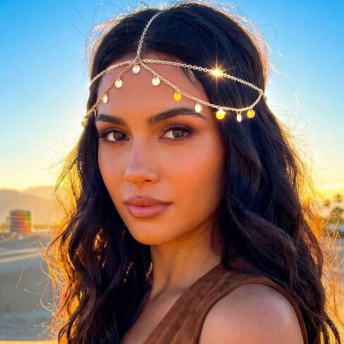 Yokawe Gold Sequins Head Chain Jewelry Bohemian Layered Festival Costume Headpieces Hair Accessories for Women in Kuwait