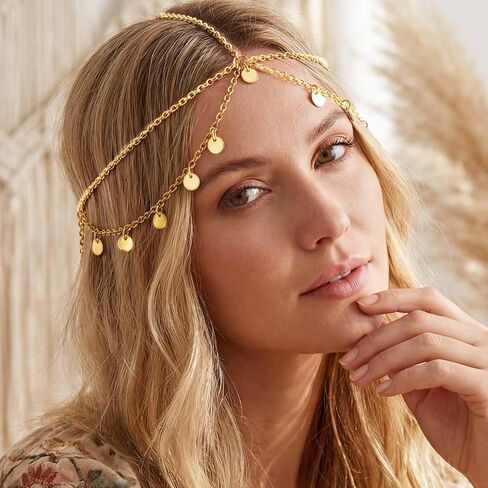 Yokawe Gold Sequins Head Chain Jewelry Bohemian Layered Festival Costume Headpieces Hair Accessories for Women in Kuwait