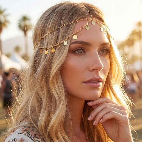 Yokawe Gold Sequins Head Chain Jewelry Bohemian Layered Festival Costume Headpieces Hair Accessories for Women in Kuwait