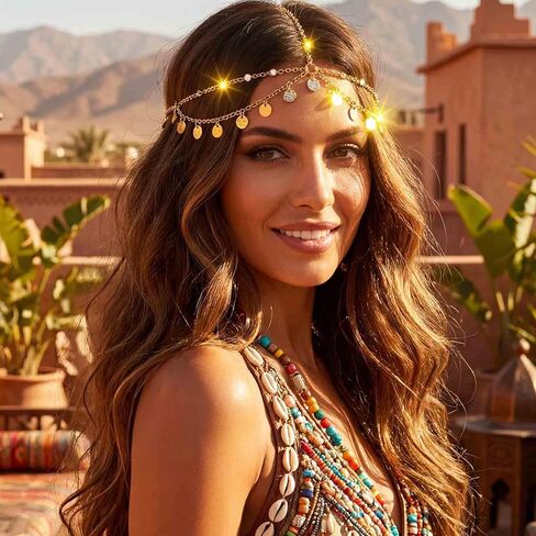 Yokawe Gold Sequins Head Chain Jewelry Bohemian Layered Festival Costume Headpieces Hair Accessories for Women in Kuwait