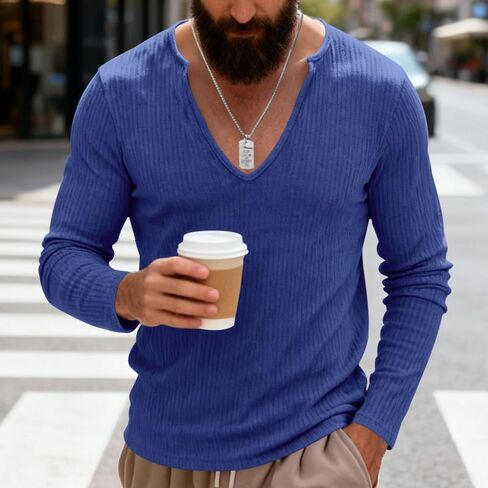 Men's Casual Thermal V Neck Long Sleeve Shirt Muscle Shirt Slim Fit Pullover Tee Lightweight Shirt in Saudi Arabia