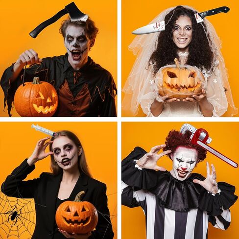 6 قطع من عصابة رأس سكين الهالوين - سكين بلاستيكي، فأس، منجل، مفتاح ربط، مطرقة وحقنة ملحقات مخيفة لحفلة تنكرية زومبي، دعامات الهالوين مع 30 قطعة من ملصقات الوشم المؤقت للهالوين in Kuwait