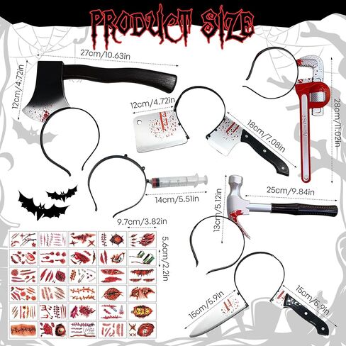 6 قطع من عصابة رأس سكين الهالوين - سكين بلاستيكي، فأس، منجل، مفتاح ربط، مطرقة وحقنة ملحقات مخيفة لحفلة تنكرية زومبي، دعامات الهالوين مع 30 قطعة من ملصقات الوشم المؤقت للهالوين in Kuwait