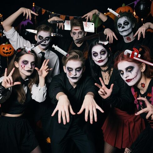 6 قطع من عصابة رأس سكين الهالوين - سكين بلاستيكي، فأس، منجل، مفتاح ربط، مطرقة وحقنة ملحقات مخيفة لحفلة تنكرية زومبي، دعامات الهالوين مع 30 قطعة من ملصقات الوشم المؤقت للهالوين in Kuwait