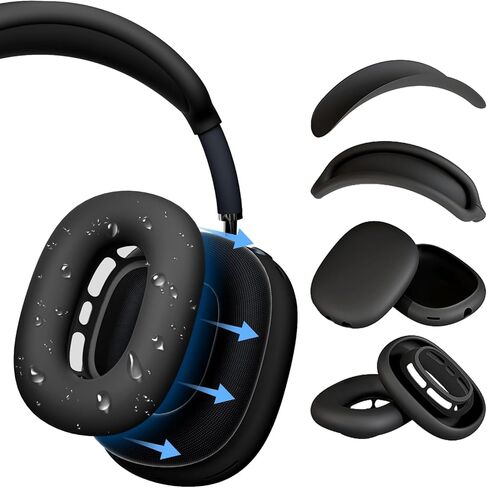 غطاء حافظة من السيليكون لجهاز AirPods Max، أغطية وسادات أذن بتصميم معزز لوسائد سماعات AirPods Max، حافظة أكواب الأذن، مجموعة لف عصابة الرأس، حماية كاملة من العرق لسماعات الأذن، أسود [4 في 1] in Kuwait