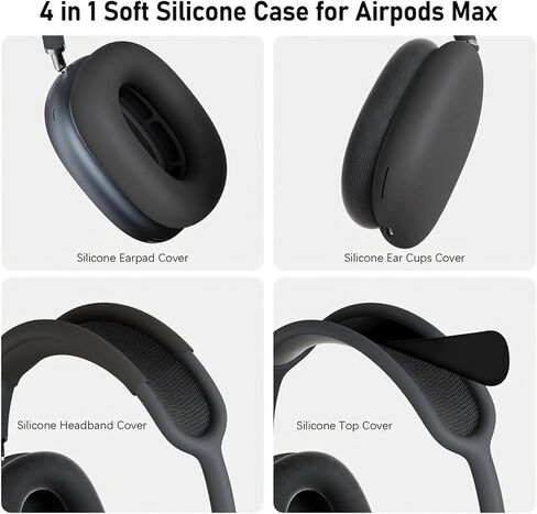 غطاء حافظة من السيليكون لجهاز AirPods Max، أغطية وسادات أذن بتصميم معزز لوسائد سماعات AirPods Max، حافظة أكواب الأذن، مجموعة لف عصابة الرأس، حماية كاملة من العرق لسماعات الأذن، أسود [4 في 1] in Kuwait