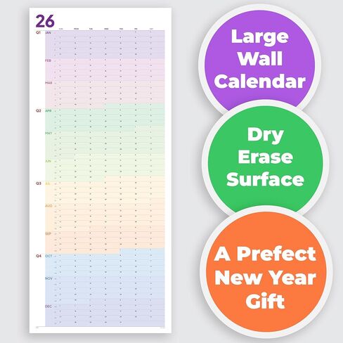Large Wall Calendar 2026 (39 x 17 inches - Rolled) Dry Erase Calendar for Wall, Erasable Wall Planner, Vertical Layout, Quality Large Print, Gloss Lamination, Colorful Design. in Kuwait
