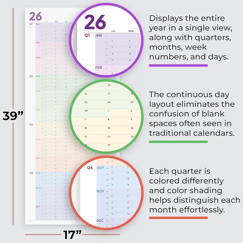 Large Wall Calendar 2026 (39 x 17 inches - Rolled) Dry Erase Calendar for Wall, Erasable Wall Planner, Vertical Layout, Quality Large Print, Gloss Lamination, Colorful Design. in Kuwait