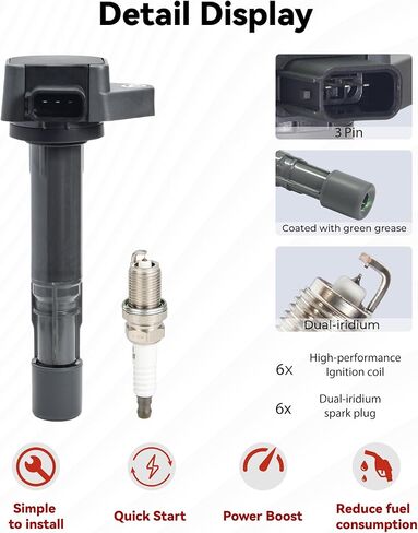 Ignition Coil UF400 and Iridium Spark Plug 9807B-5517W Fit for 2006-2008 Honda Pilot Ridgeline 3.5L, 2003-2006 Acura MDX, 2004-2007 Saturn Vue 3.5L V6, Set of 6, # 30520PVFA01, 30520PDKA01 in Saudi Arabia