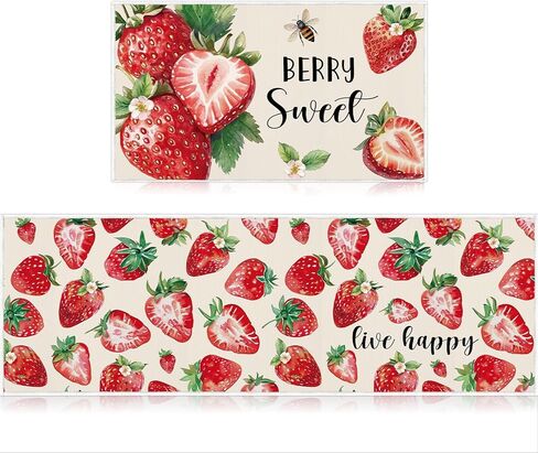 Red Strawberry Kitchen Rugs Set of 2, Sweet Strawberry Flower Kitchen Mats Decorations, Non-Slip Absorbent Spring Summer Berry Fruit Carpet Rug for Home Dining Room Bedroom Decor 16x28 and 16x47 Inch in Kuwait