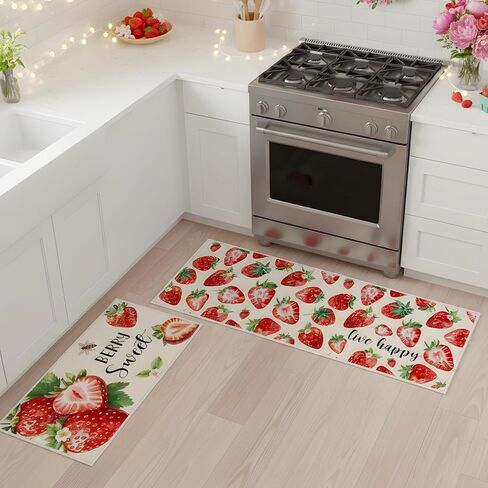 Red Strawberry Kitchen Rugs Set of 2, Sweet Strawberry Flower Kitchen Mats Decorations, Non-Slip Absorbent Spring Summer Berry Fruit Carpet Rug for Home Dining Room Bedroom Decor 16x28 and 16x47 Inch in Kuwait