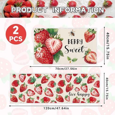 Red Strawberry Kitchen Rugs Set of 2, Sweet Strawberry Flower Kitchen Mats Decorations, Non-Slip Absorbent Spring Summer Berry Fruit Carpet Rug for Home Dining Room Bedroom Decor 16x28 and 16x47 Inch in Kuwait