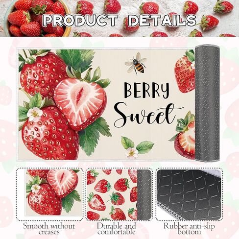 Red Strawberry Kitchen Rugs Set of 2, Sweet Strawberry Flower Kitchen Mats Decorations, Non-Slip Absorbent Spring Summer Berry Fruit Carpet Rug for Home Dining Room Bedroom Decor 16x28 and 16x47 Inch in Kuwait
