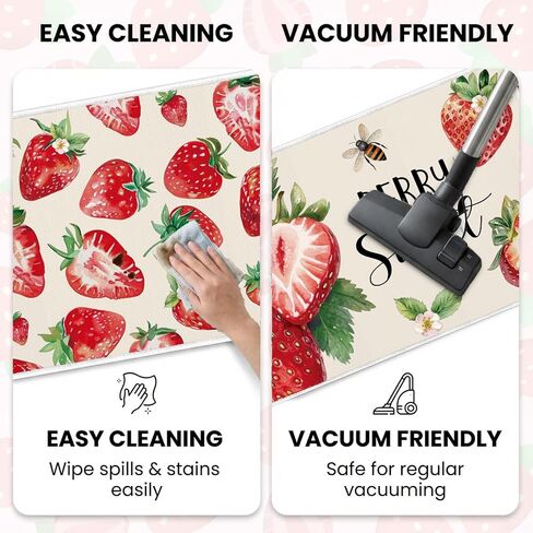 Red Strawberry Kitchen Rugs Set of 2, Sweet Strawberry Flower Kitchen Mats Decorations, Non-Slip Absorbent Spring Summer Berry Fruit Carpet Rug for Home Dining Room Bedroom Decor 16x28 and 16x47 Inch in Kuwait