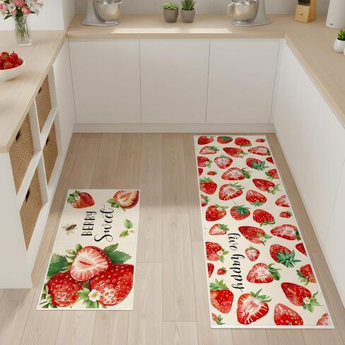 Red Strawberry Kitchen Rugs Set of 2, Sweet Strawberry Flower Kitchen Mats Decorations, Non-Slip Absorbent Spring Summer Berry Fruit Carpet Rug for Home Dining Room Bedroom Decor 16x28 and 16x47 Inch in Kuwait