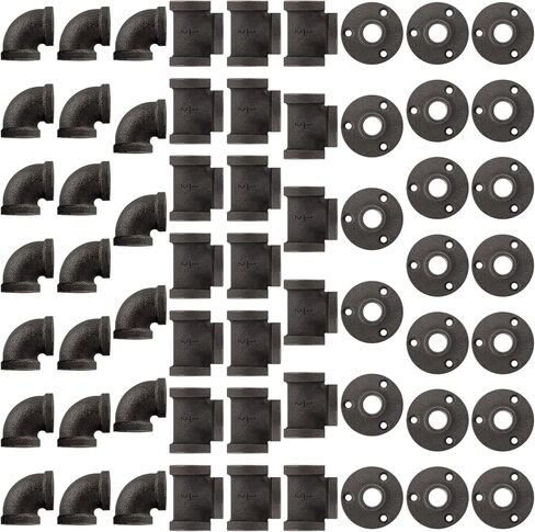 30 Pack 1/2 Inch Cast Iron Pipe Fittings (10 Elbows, 10 Tees, 10 Flange), DIY Steampunk Industrial Vintage Style. in Saudi Arabia