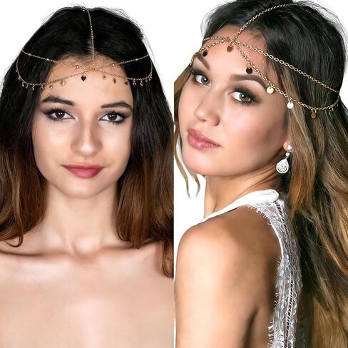 SuPoo 2 حزم سلسلة الرأس الذهبية للنساء البوهيمي حجر الراين المصرية خوذة قابل للتعديل الطبقات الشعر سلسلة رئيس المجوهرات الترتر سلسلة الجبين لملابس الشاطئ الزفاف in Kuwait