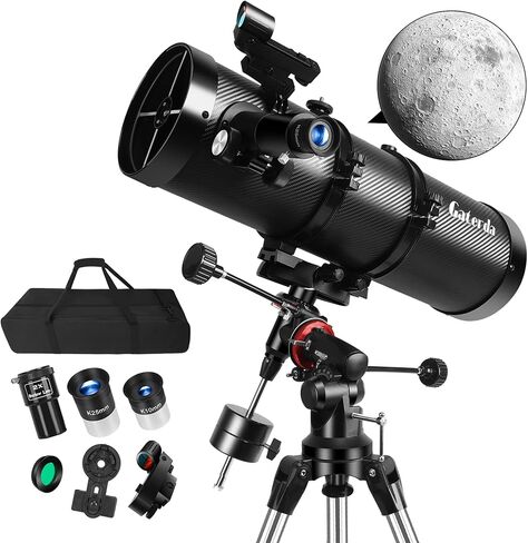 تلسكوب عاكس 150EQ لعلم الفلك للبالغين، تلسكوب استوائي ألماني يدوي احترافي للمبتدئين والأطفال مع مجموعة عدسة عينية، حامل ثلاثي القوائم من الفولاذ المقاوم للصدأ، فلتر القمر ومحول الهاتف in Kuwait