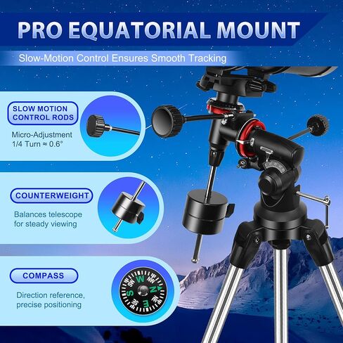 تلسكوب عاكس 150EQ لعلم الفلك للبالغين، تلسكوب استوائي ألماني يدوي احترافي للمبتدئين والأطفال مع مجموعة عدسة عينية، حامل ثلاثي القوائم من الفولاذ المقاوم للصدأ، فلتر القمر ومحول الهاتف in Kuwait