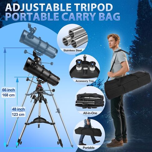 تلسكوب عاكس 150EQ لعلم الفلك للبالغين، تلسكوب استوائي ألماني يدوي احترافي للمبتدئين والأطفال مع مجموعة عدسة عينية، حامل ثلاثي القوائم من الفولاذ المقاوم للصدأ، فلتر القمر ومحول الهاتف in Kuwait