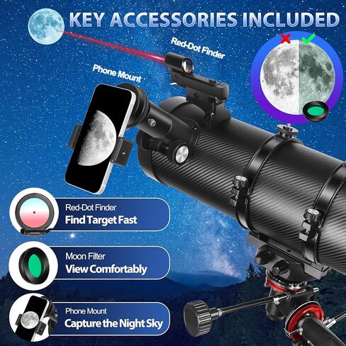 تلسكوب عاكس 150EQ لعلم الفلك للبالغين، تلسكوب استوائي ألماني يدوي احترافي للمبتدئين والأطفال مع مجموعة عدسة عينية، حامل ثلاثي القوائم من الفولاذ المقاوم للصدأ، فلتر القمر ومحول الهاتف in Kuwait