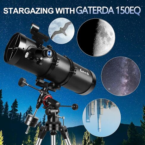 تلسكوب عاكس 150EQ لعلم الفلك للبالغين، تلسكوب استوائي ألماني يدوي احترافي للمبتدئين والأطفال مع مجموعة عدسة عينية، حامل ثلاثي القوائم من الفولاذ المقاوم للصدأ، فلتر القمر ومحول الهاتف in Kuwait