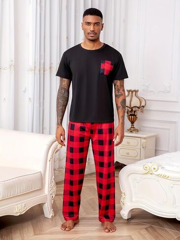 Men's Short Sleeve Pajama Set, Black T-Shirt with Red Black Plaid Pocket & Matching Pants Breathable Loungewear in Saudi Arabia