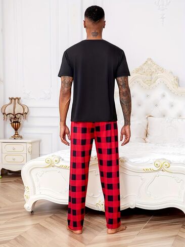 Men's Short Sleeve Pajama Set, Black T-Shirt with Red Black Plaid Pocket & Matching Pants Breathable Loungewear in Saudi Arabia