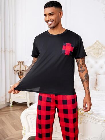 Men's Short Sleeve Pajama Set, Black T-Shirt with Red Black Plaid Pocket & Matching Pants Breathable Loungewear in Saudi Arabia