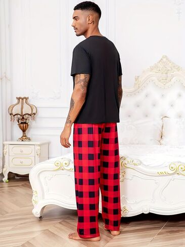 Men's Short Sleeve Pajama Set, Black T-Shirt with Red Black Plaid Pocket & Matching Pants Breathable Loungewear in Saudi Arabia