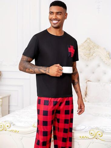 Men's Short Sleeve Pajama Set, Black T-Shirt with Red Black Plaid Pocket & Matching Pants Breathable Loungewear in Saudi Arabia